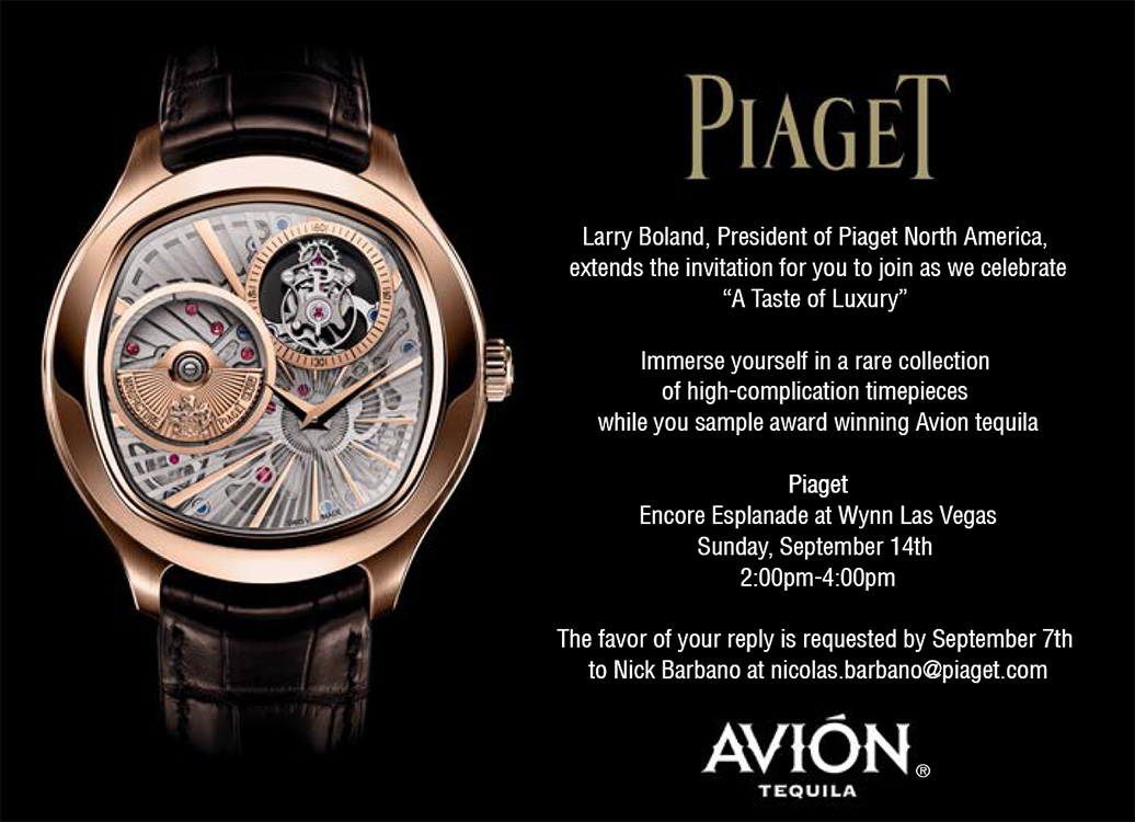Invitation for Piaget Wynn Event, Avion Tasting