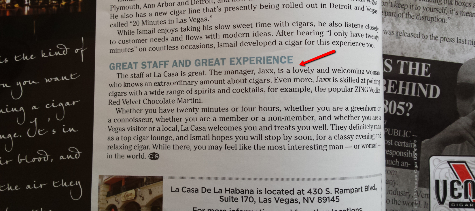Jaxx in Cigar & Spirits Magazine, January 2014
