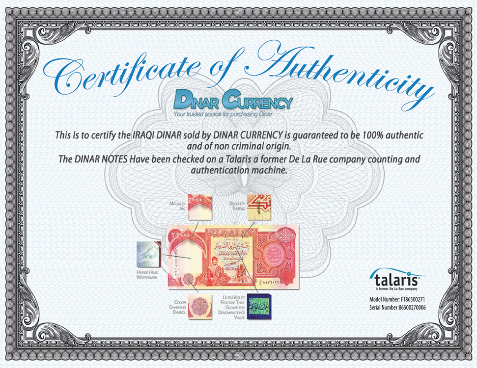 Certificate of Authenticity, Iraqi Dinar, Talaris