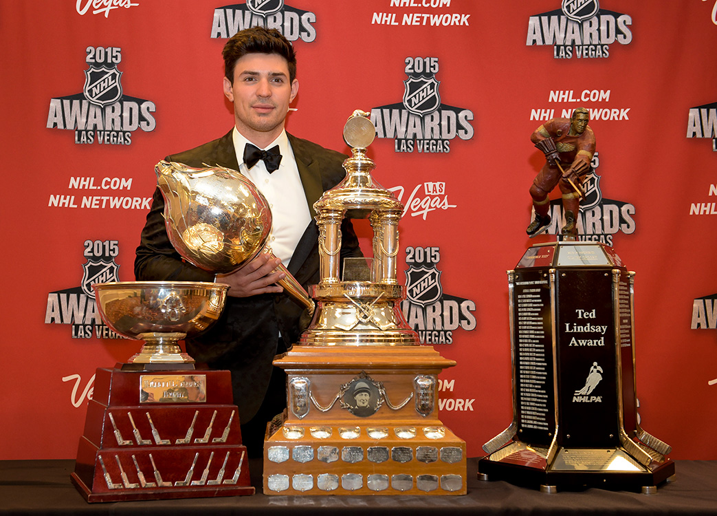 Carey-Price-of-the-Montreal-Canadiens-poses-with-his-four-awards,-2015-NHL-Awards,-Las-Vegas