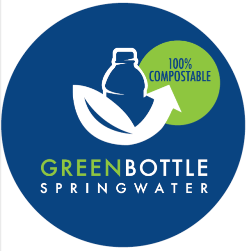 Green Bottle Spring Water, with 100 percent compostable water bottle, cap, and label