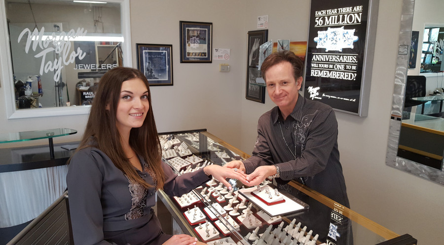 Customer Victoria Kuznetsova Magone at Morgan Taylor Jewelers with Owner Dan Golceker, West Las Vegas